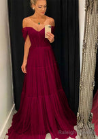 A Line Off-the-Shoulder Sleeveless Sweep Train Tulle Prom Dress With Pleated
