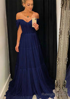 A Line Off-the-Shoulder Sleeveless Sweep Train Tulle Prom Dress With Pleated