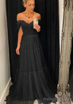 A-line Off-the-Shoulder Sleeveless Sweep Train Tulle Prom Dresses With Pleated