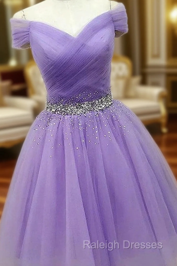 A-line Off-the-Shoulder Sleeveless Tulle Short/Mini Homecoming Dress With Pleated Beading