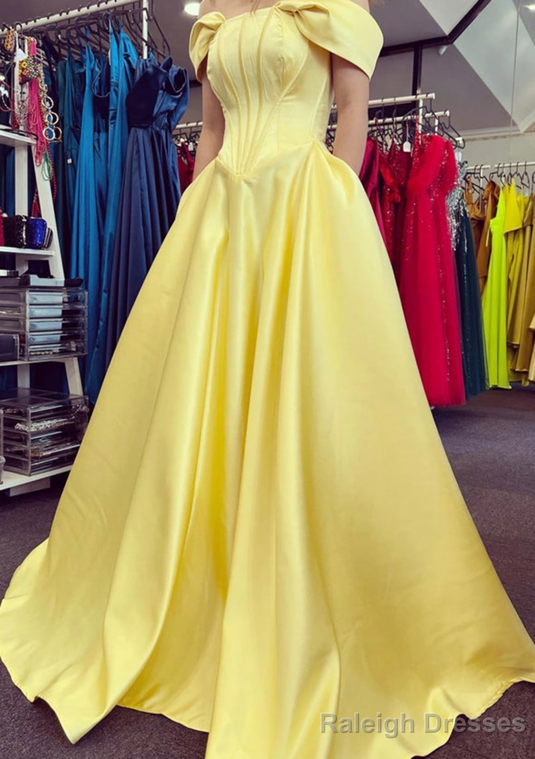 A-line Off-the-Shoulder Strapless Long/Floor-Length Satin Prom Dresses With Pleated Pockets Main image