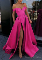 A Line Off-the-Shoulder Strapless Long Dress Floor Length Satin Prom Dress With Split
