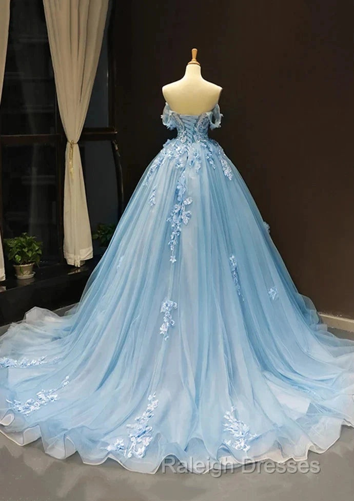 A-Line Off-The-Shoulder Sweetheart Sweep Train Tulle Prom Dress, Sky Blue Applique Wedding Dress Secondary image