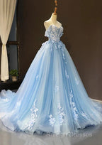 A-Line Off-The-Shoulder Sweetheart Sweep Train Tulle Prom Dresses Sky Blue Applique Wedding Dresses
