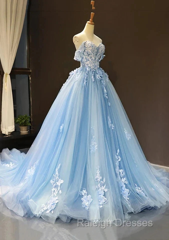 A-Line Off-The-Shoulder Sweetheart Sweep Train Tulle Prom Dresses Sky Blue Applique Wedding Dresses