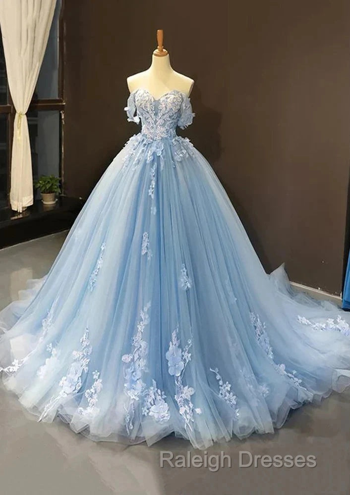 A-Line Off-The-Shoulder Sweetheart Sweep Train Tulle Prom Dress, Sky Blue Applique Wedding Dress