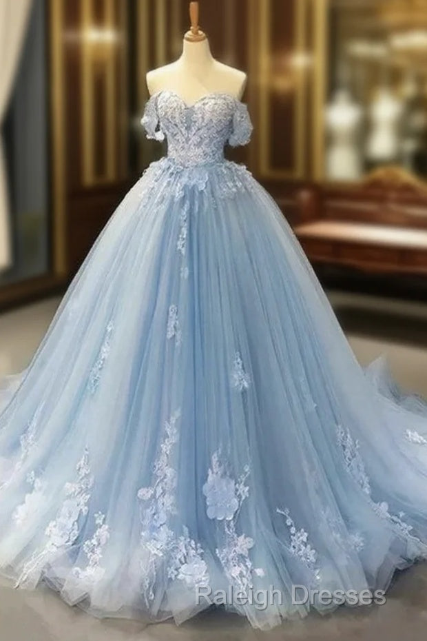 A-Line Off-The-Shoulder Sweetheart Sweep Train Tulle Prom Dress, Sky Blue Applique Wedding Dress Main image