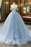 A-Line Off-The-Shoulder Sweetheart Sweep Train Tulle Prom Dresses Sky Blue Applique Wedding Dresses
