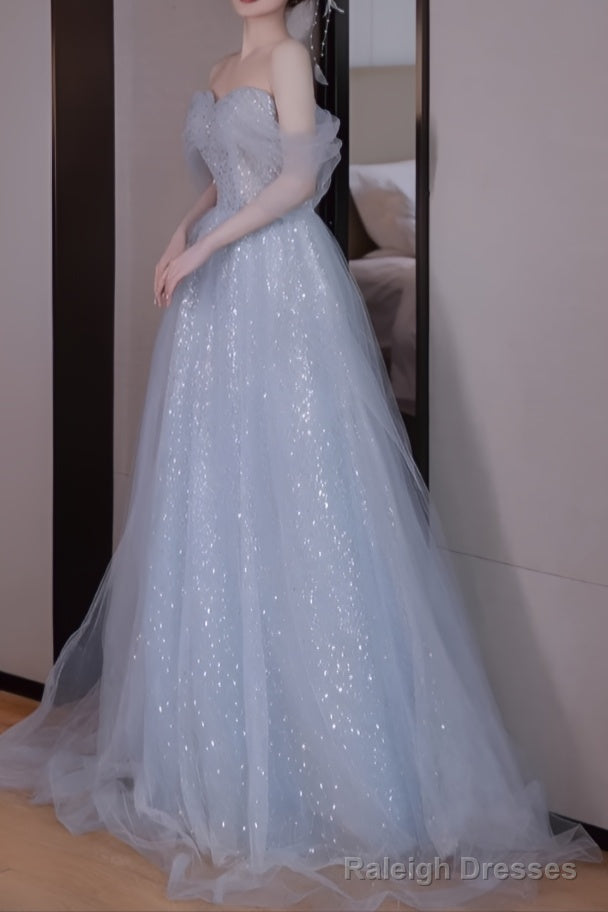 A line Off The Shoulder Tulle Gray Prom Dresses Long Prom Dresses