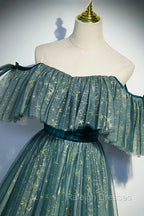 A Line Off the Shoulder Tulle Long Prom Dress, Green Prom Prom Dress