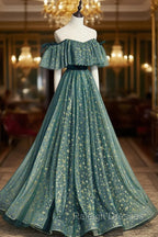 A Line Off the Shoulder Tulle Long Prom Dress, Green Prom Prom Dress