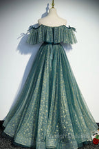 A Line Off the Shoulder Tulle Long Prom Dress, Green Prom Prom Dress