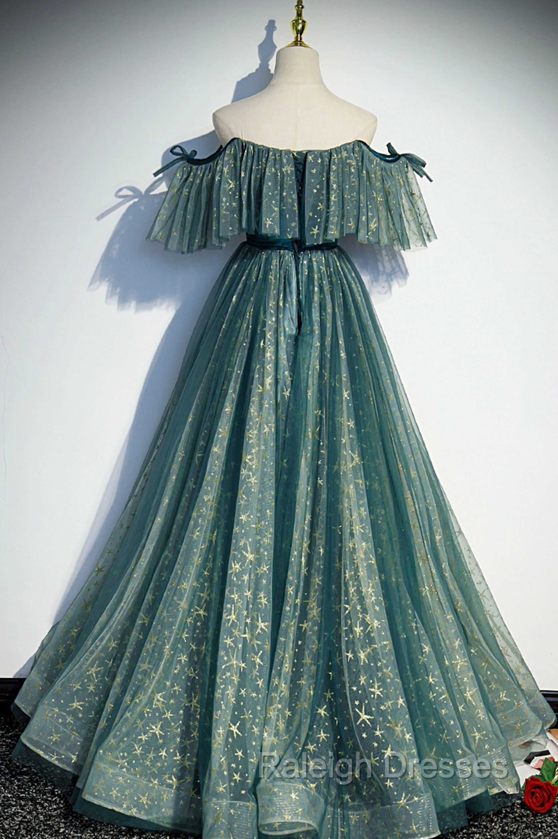 A Line Off the Shoulder Tulle Long Prom Dress, Green Prom Prom Dress