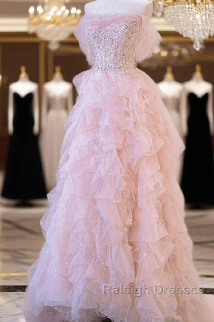 A Line Off The Shoulder Tulle Pink Tiered Prom Dress Main image