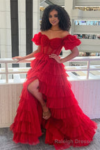 A-line Off-the-Shoulder Tulle Prom Dress with Slit