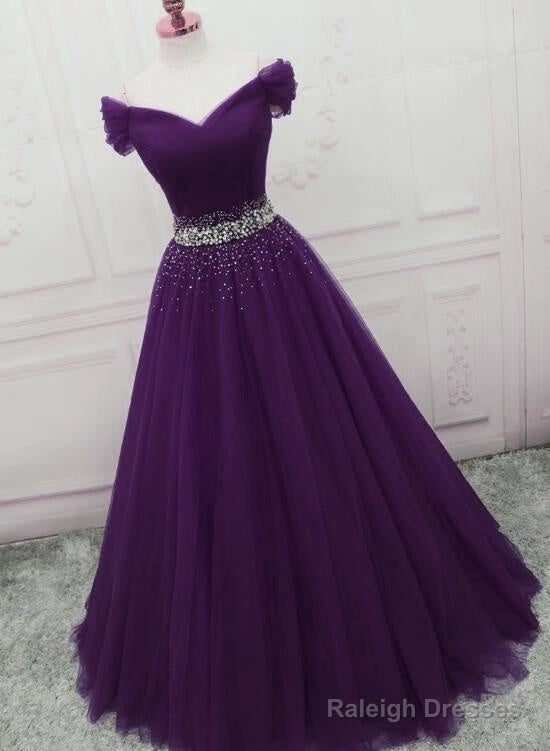 A Line Off The Shoulder Tulle Purple Prom Dresses With Beaded