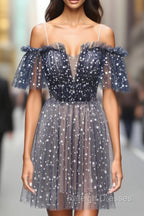 A-line Off-the-shoulder Tulle Short/Mini Short Prom Dresses With Ruffles