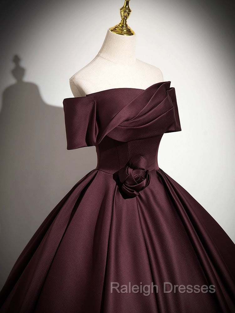 A-Line Off the Shoulders Satin Maroon Long Prom Dress, Maroon Long Formal Dress Secondary image