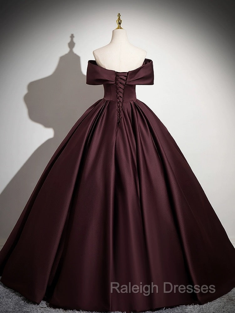 A-Line Off the Shoulders Satin Maroon Long Prom Dress, Maroon Long Formal Dress