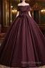 A-Line Off the Shoulders Satin Maroon Long Prom Dress, Maroon Long Formal Dress