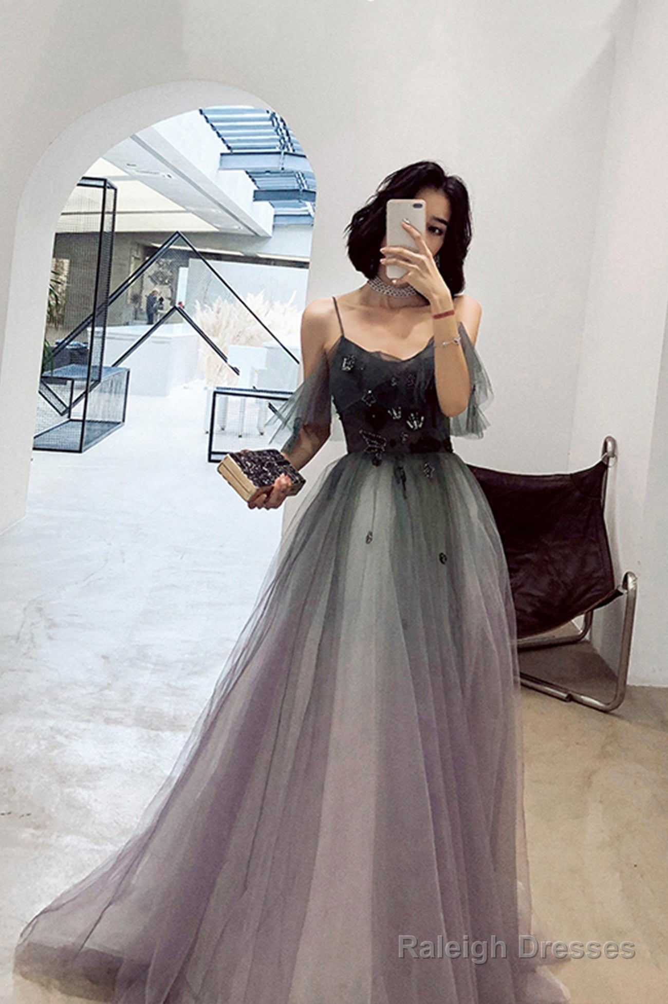 A-Line Ombre Tulle Long Prom Dress, V-Neck Evening Dress