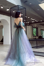 A-Line Ombre Tulle Long Prom Dress, V-Neck Evening Dress