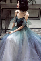 A-Line Ombre Tulle Long Prom Dress, V-Neck Evening Dress