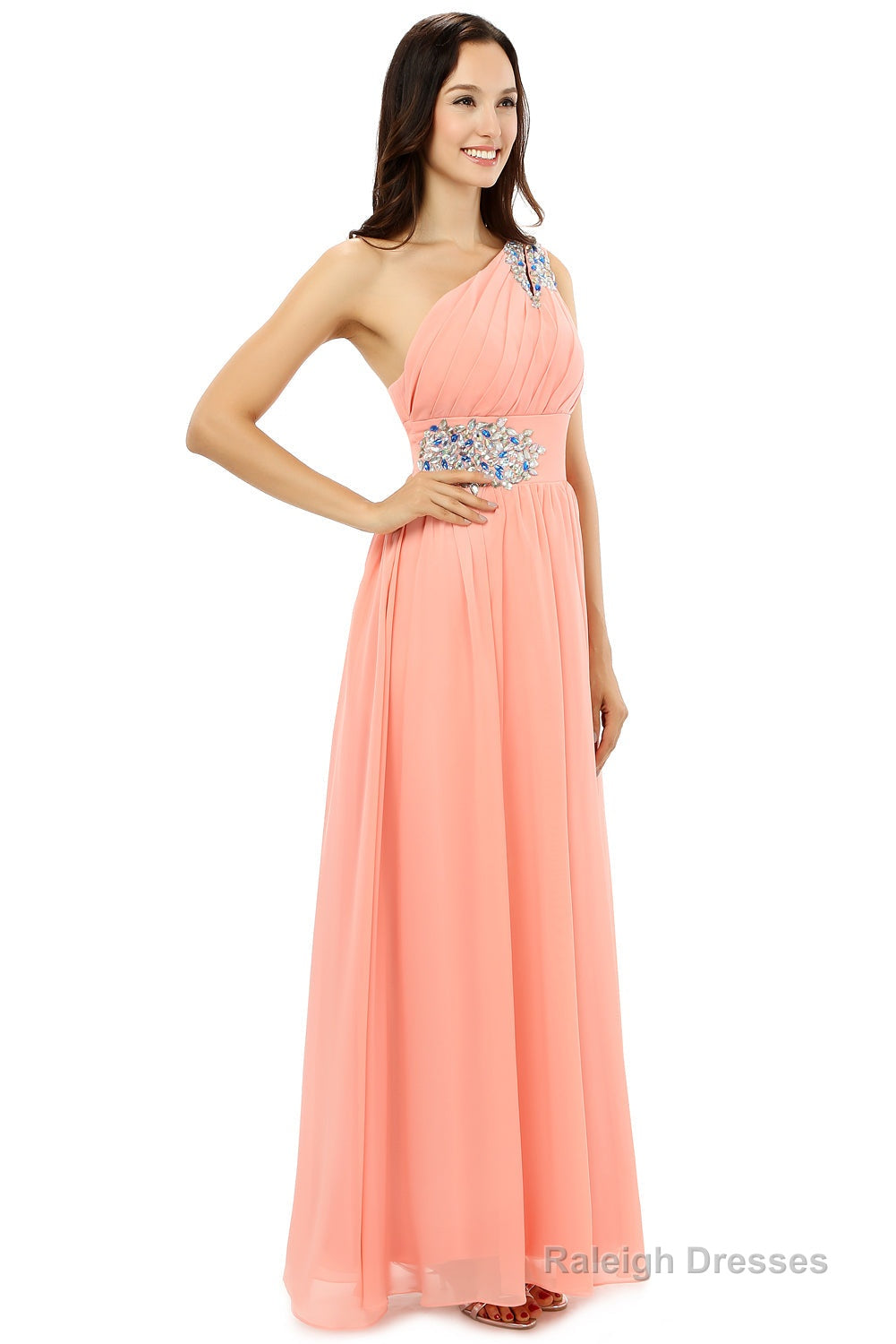 A-line One-shoulder Chiffon Beaded Crystals Coral Bridesmaid Dresses Secondary image