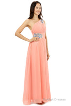 A-line One-shoulder Chiffon Beaded Crystals Coral Bridesmaid Dresses