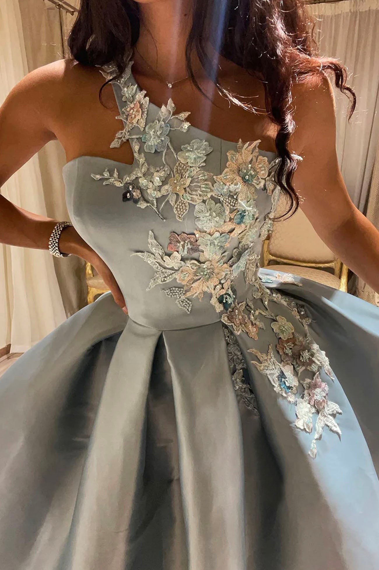 Cute One Shoulder Satin Lace Short Prom Dresses A-Line Prom Dresses Secondary image