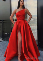 A Line One Shoulder Long Dress Floor Length Satin Prom Dress With Pockets Waistband Split
