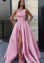 A Line One Shoulder Long Dress Floor Length Satin Prom Dress With Pockets Waistband Split