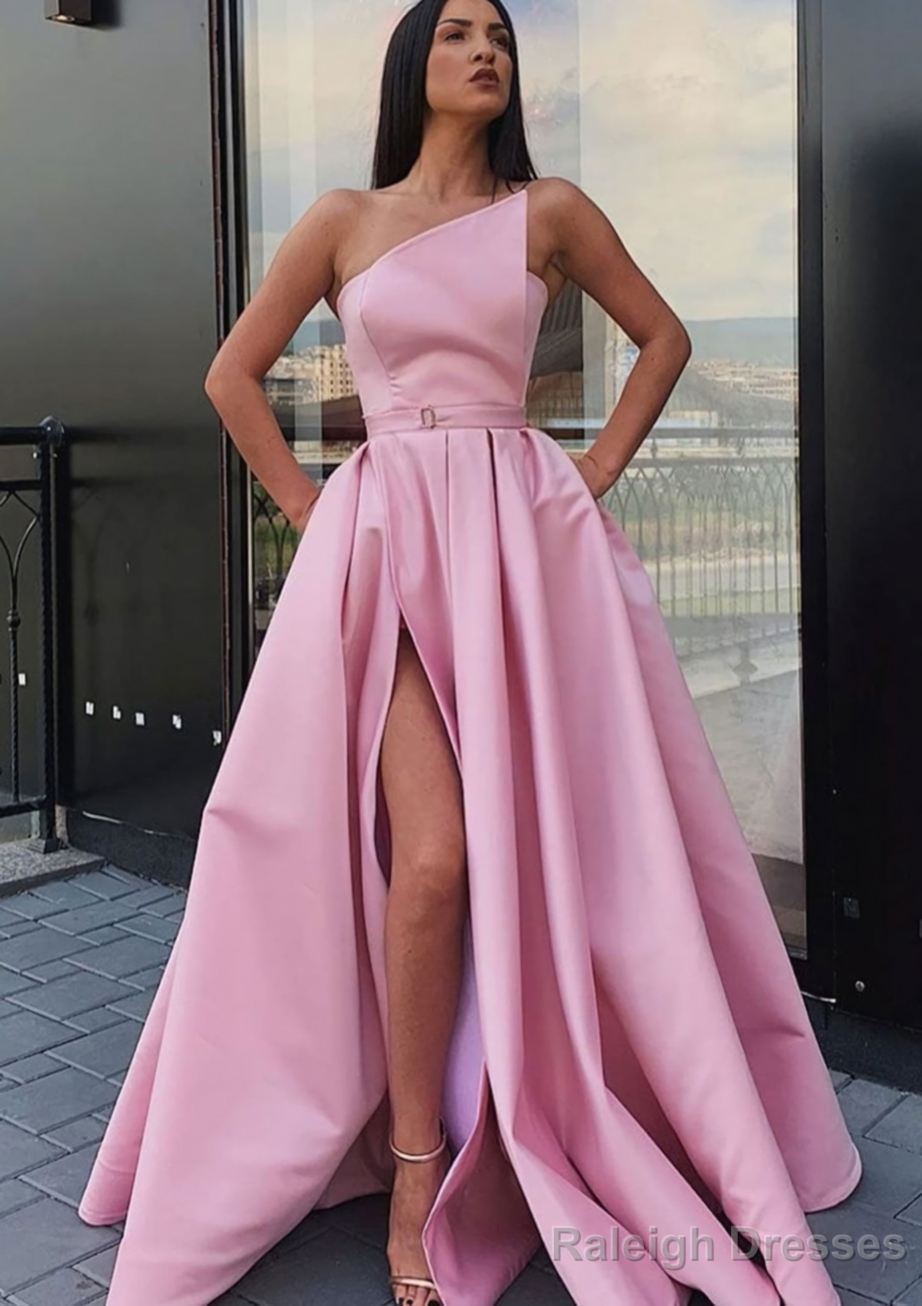 A Line One Shoulder Long Dress Floor Length Satin Prom Dress With Pockets Waistband Split