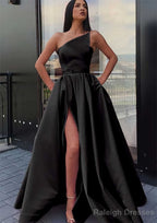 A Line One Shoulder Long Dress Floor Length Satin Prom Dress With Pockets Waistband Split