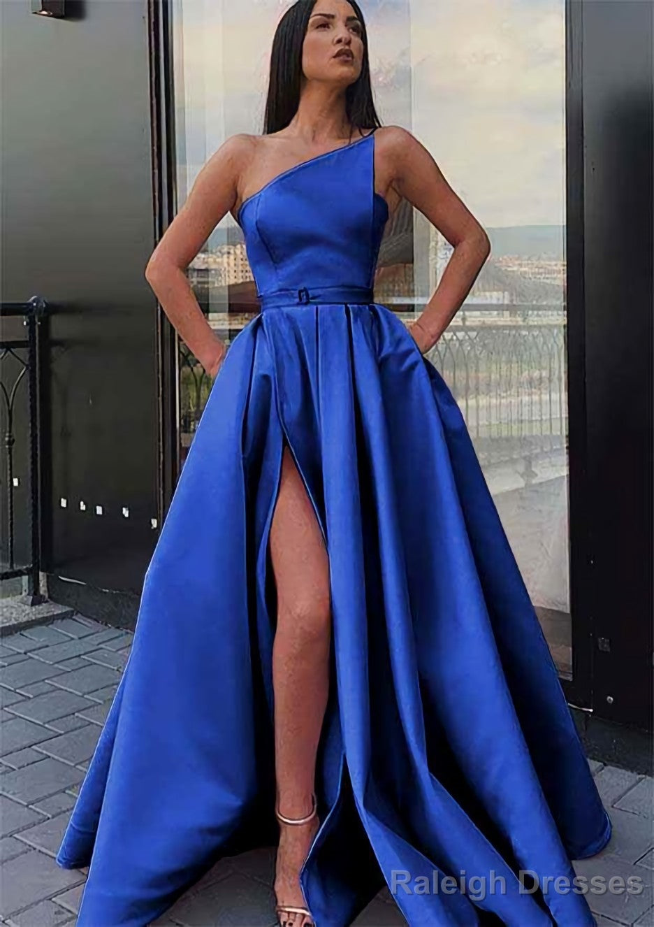 A Line One Shoulder Long Dress Floor Length Satin Prom Dress With Pockets Waistband Split