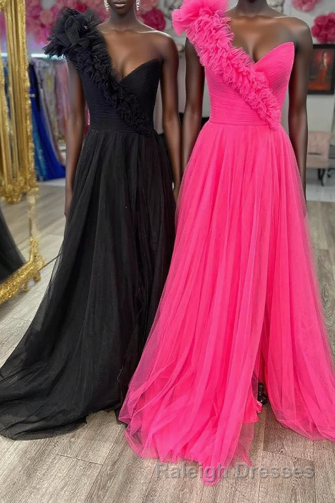 A-Line One Shoulder Long Tulle Prom Dress with Ruffles