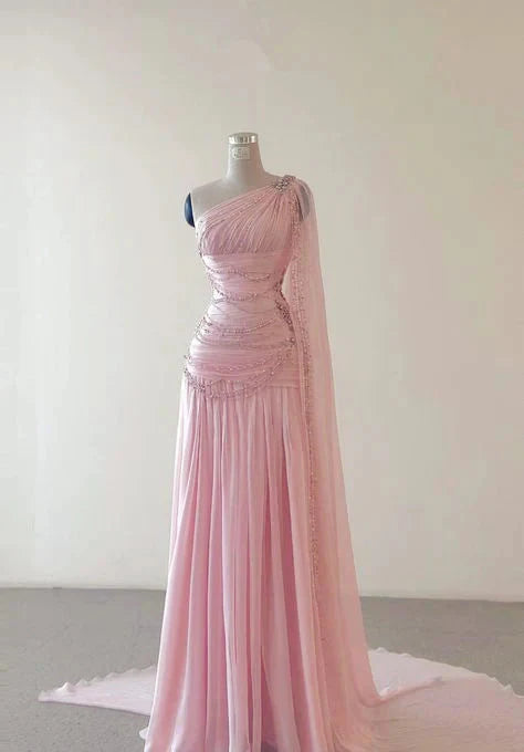 A Line One Shoulder Pink Chiffon Evening Gown Prom Dresses (For Sue Nardi) Main image