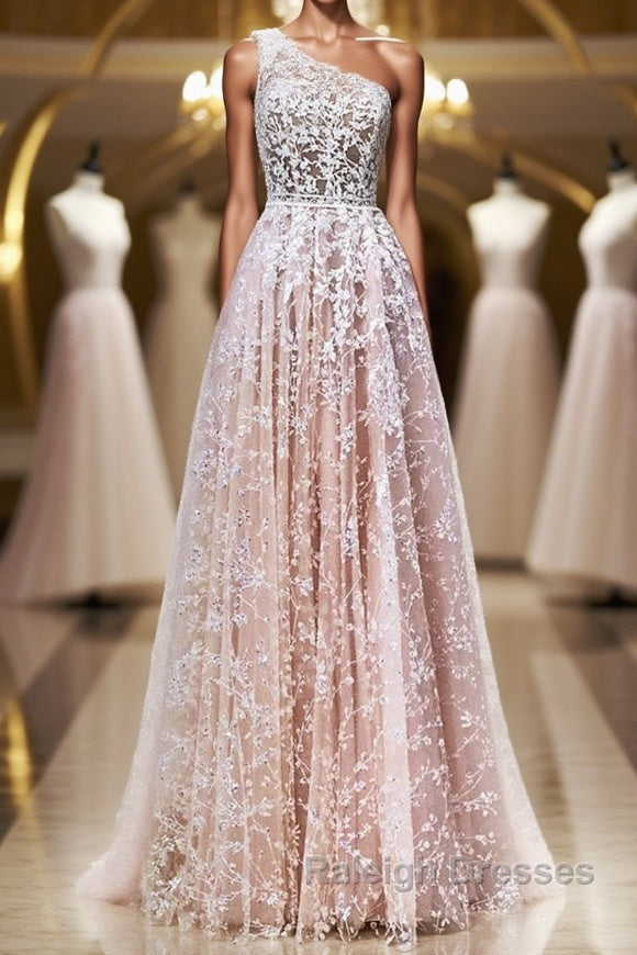 A Line One Shoulder Pink Lace Long Prom Dress Pink Lace Formal Dress a-line-one-shoulder-pink-lace-long-prom-dress-pink-lace-formal-dress
