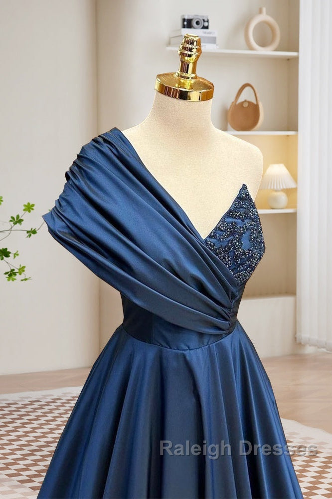 A-Line One Shoulder Satin Beads Dark Blue Long Prom Dress, Blue Long Evening Dress Secondary image