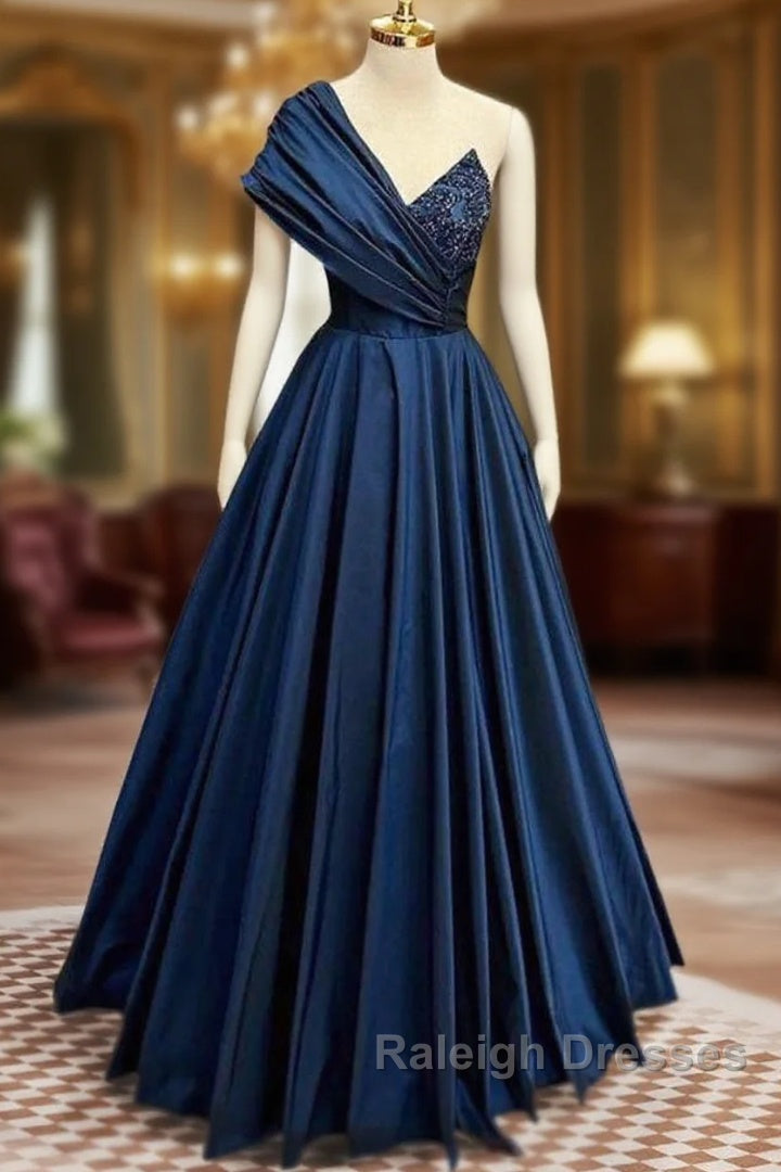A-Line One Shoulder Satin Beads Dark Blue Long Prom Dress, Blue Long Evening Dress