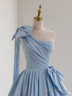 A-Line One Shoulder Satin Blue Long Prom Dresses, Blue Formal Evening Dress