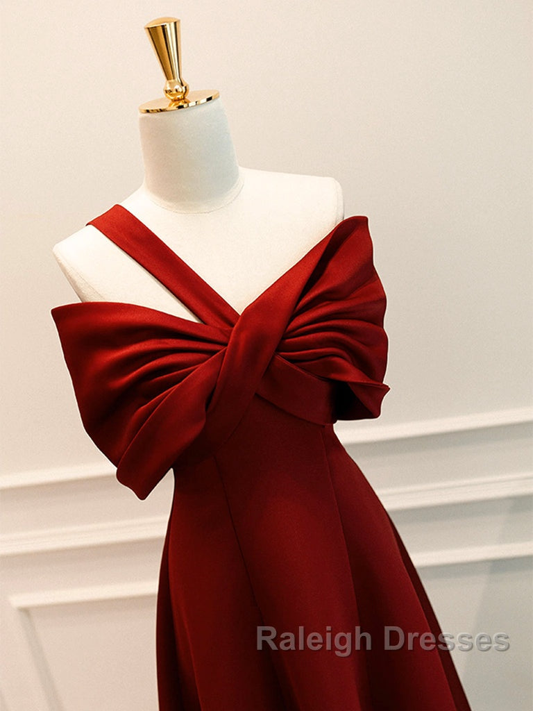 A-Line One Shoulder Satin Burgundy Long Prom Dresses Burgundy Long Prom Dresses