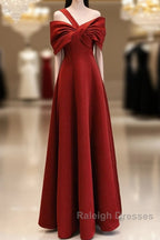 A-Line One Shoulder Satin Burgundy Long Prom Dress, Burgundy Long Formal Dress