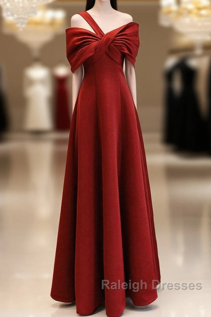 A-Line One Shoulder Satin Burgundy Long Prom Dress, Burgundy Long Formal Dress