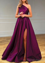 A-line One-Shoulder Satin Prom Dresses With Pleated Split