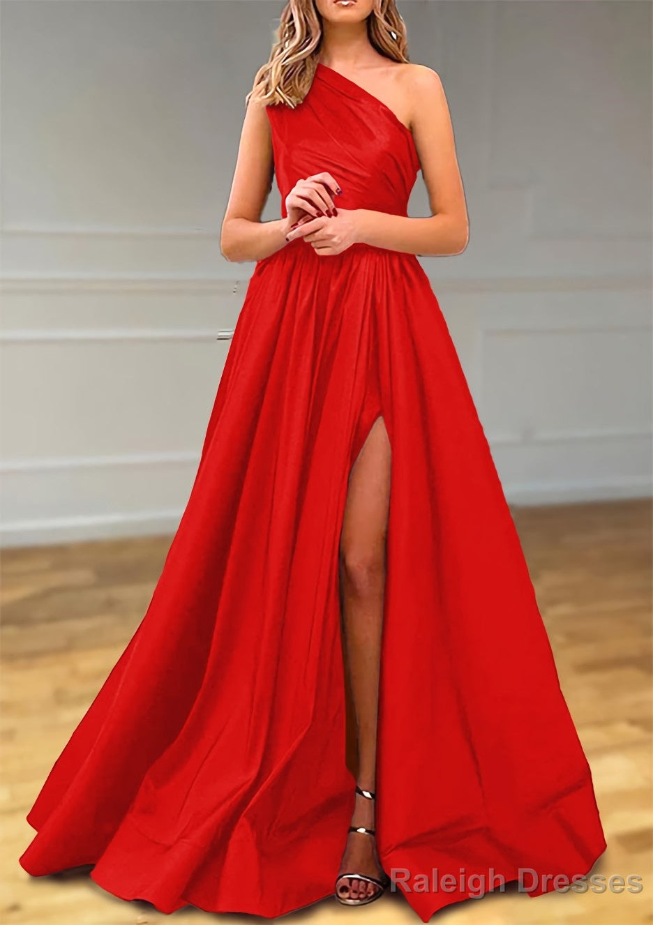 A-line One-Shoulder Satin Prom Dresses With Pleated Split