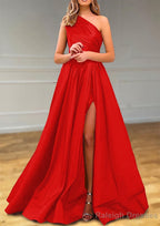 A Line One Shoulder Satin Prom Dress With Pleated Split