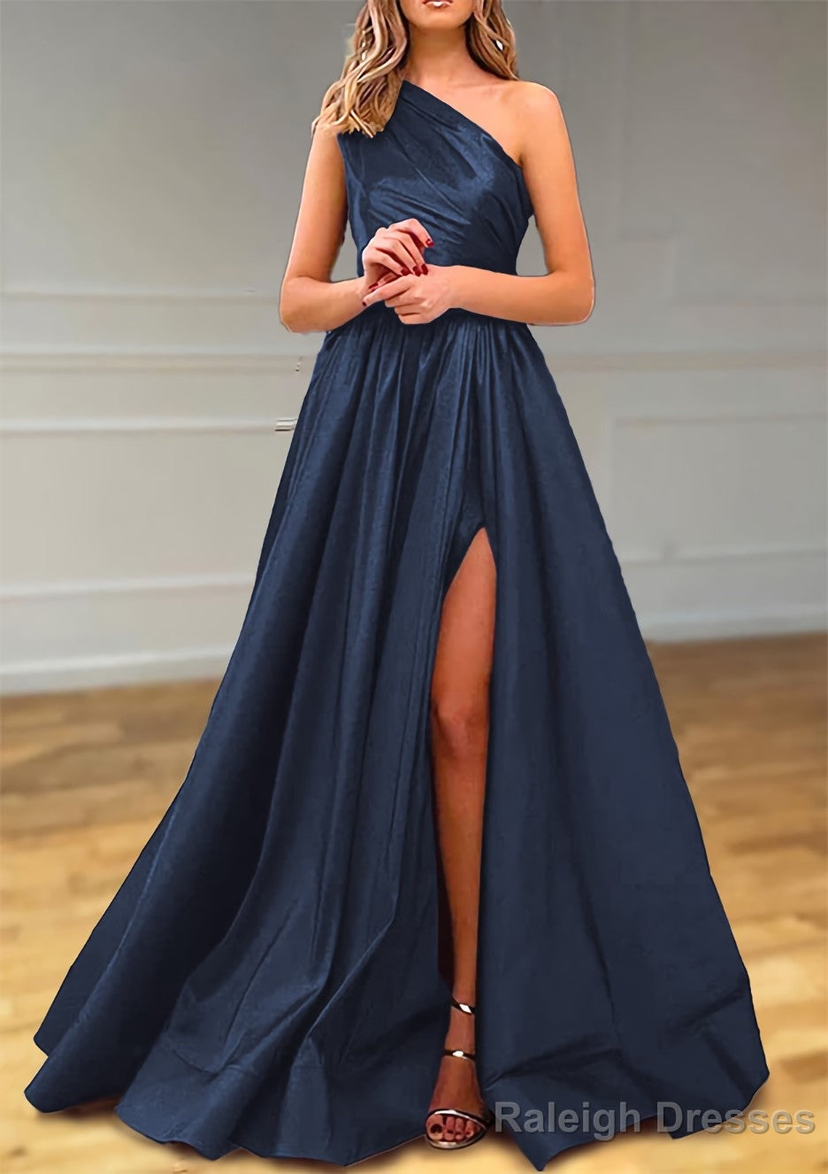 A-line One-Shoulder Satin Prom Dresses With Pleated Split