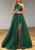 A-line One-Shoulder Satin Prom Dresses With Pleated Split