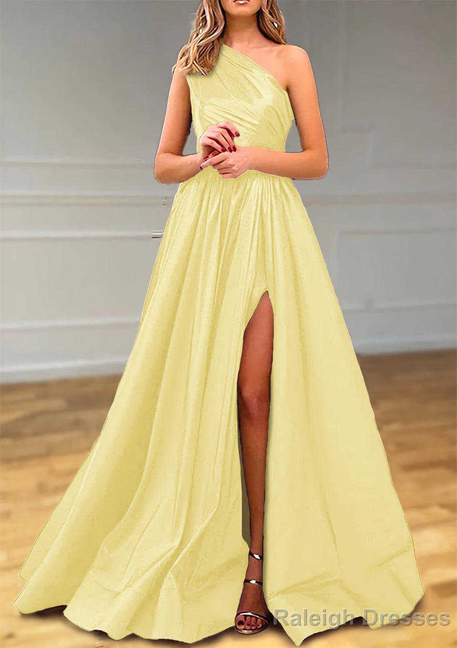 A Line One Shoulder Satin Prom Dress With Pleated Split